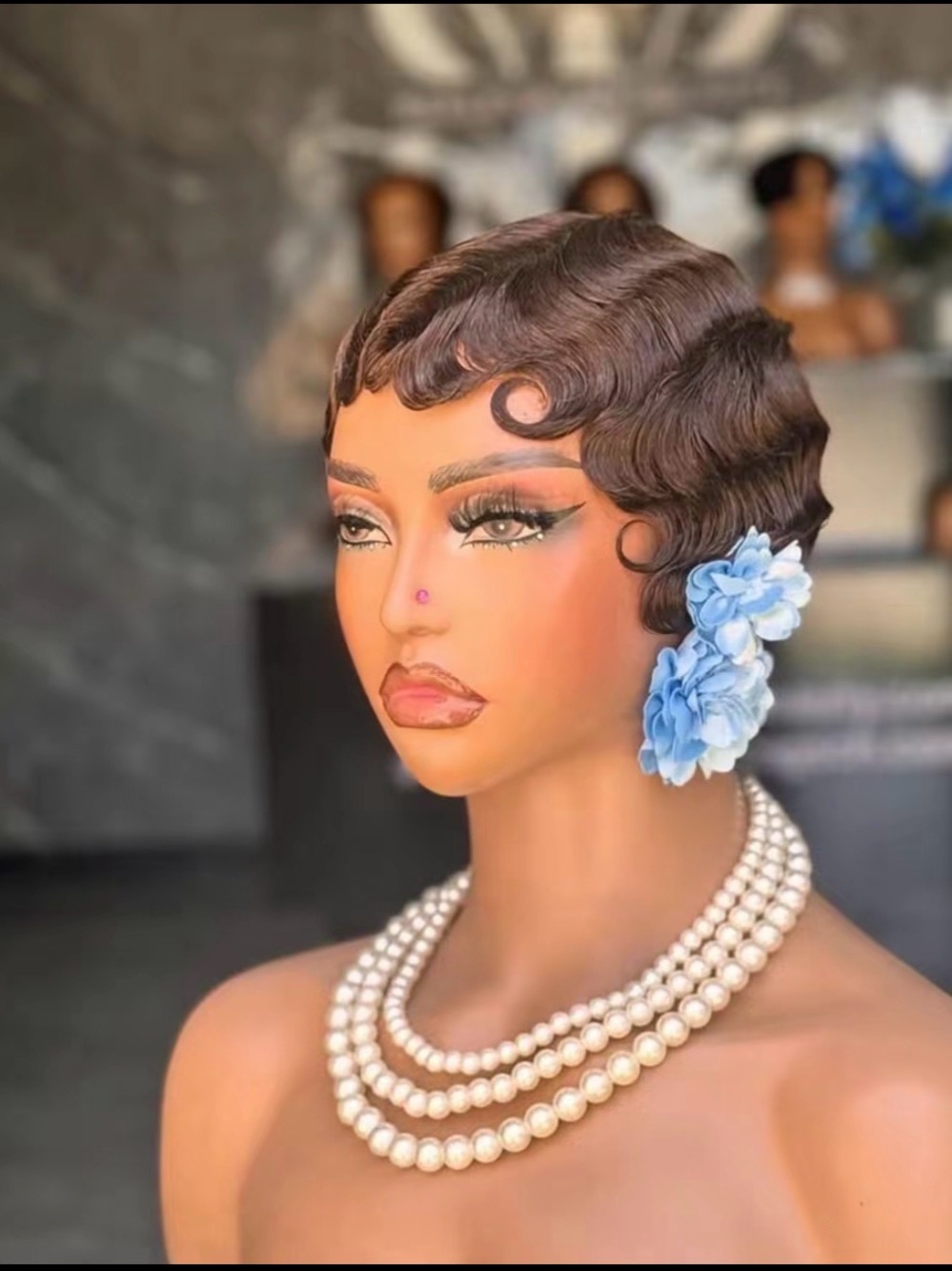 Short Finger Wave Brown Wig with Blue Floral Accent